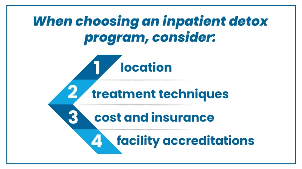 Graphic explains how to pick an inpatient detox program, including by considering location, treatment, and cost.