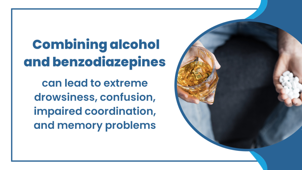 A man with a drink in one hand and a mountain of pills in the other. Combining alcohol and benzodiazepines can lead to memory problems