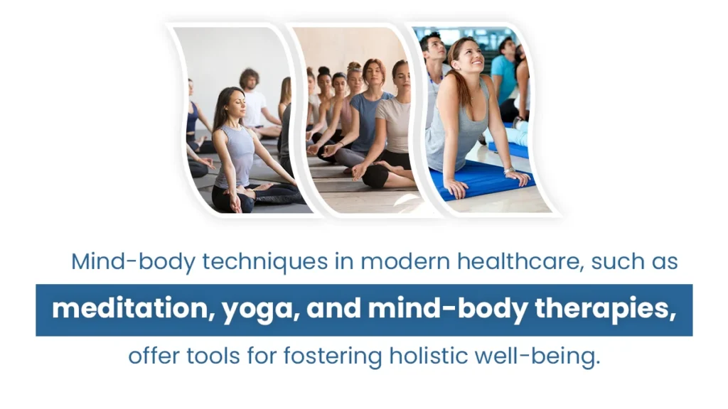 Three images of people meditating and practicing yoga. Text explains the value of mind-body techniques in therapy.