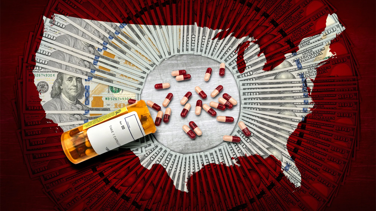 Map of the United States made of cash with an open prescription bottle with pills spilling out on top. Availability has worsened the crisis.