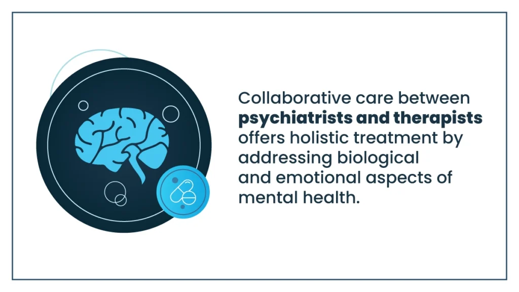 Graphic explains psychiatrists and therapists work together to provide holistic healing to their mental health patients
