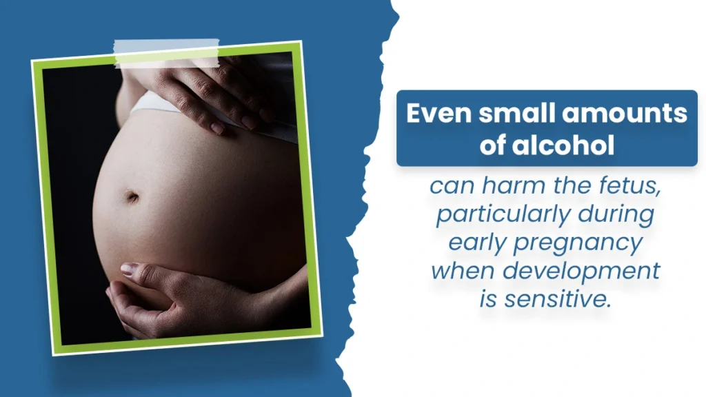 Closeup of pregnant woman’s stomach. Text explains how a small amount of alcohol can harm a developing fetus