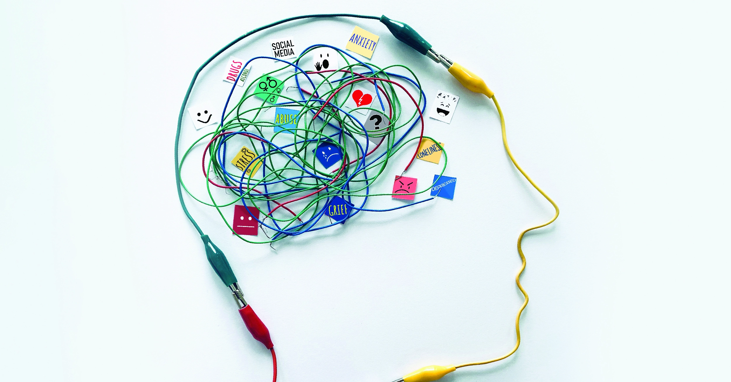 Wires arranged to represent a head and brain. Addictions are influenced by genetic and behavioral factors and personality.