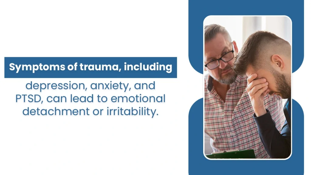 Man comforting another man who has his head in his hand. Blue text on white background explains symptoms of trauma.