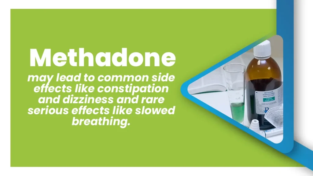 White text on a green background explaining the side effects of methadone. Photo of a bottle of methadone and a graduated cylinder.