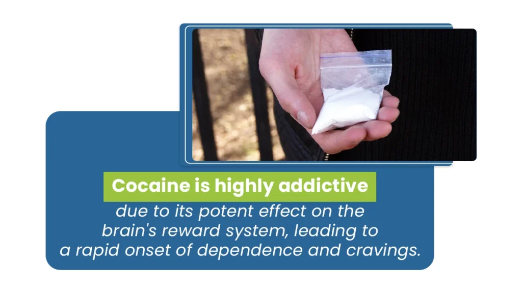 Hand holding a small bag of white powder. White text on blue background explains cocaine is highly addictive. 