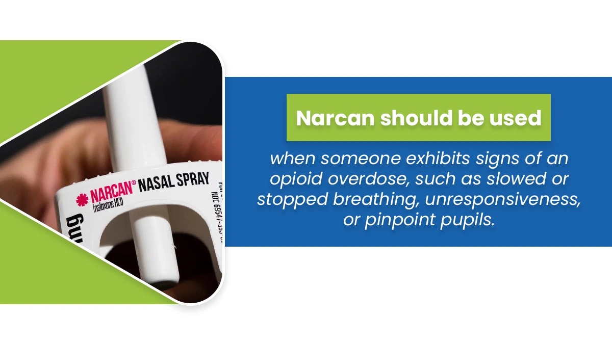 Closeup image of a Narcan Nasal Spray applicator. Naloxone should be used at the first sign of an opioid overdose. 