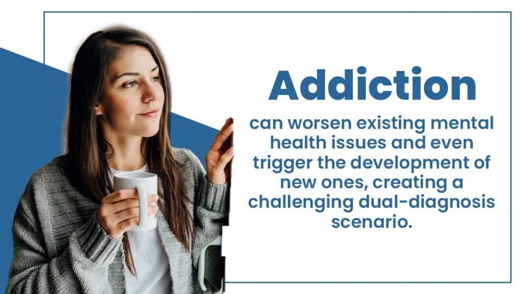 Woman wearing a cardigan and holding a coffee mug. Addiction can worsen existing mental health conditions.