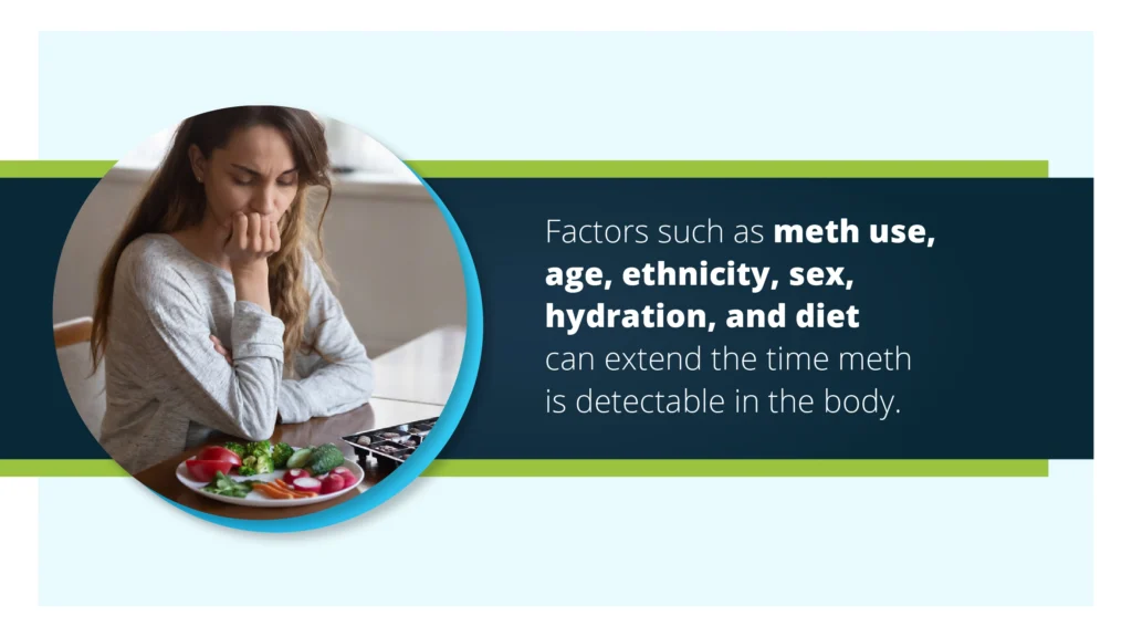 Woman staring at vegetables on her plate. Factors such as hydration and diet can extend the time meth is detectable in the body.
