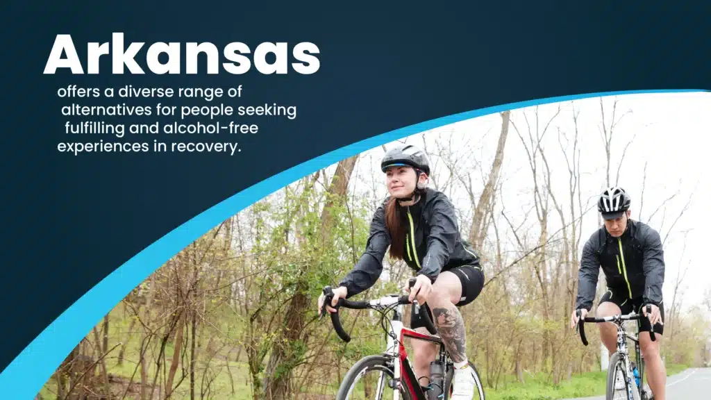 A man and a woman biking on a nature trail. Arkansas offers a diverse range of alternatives for people seeking alcohol-free fun.