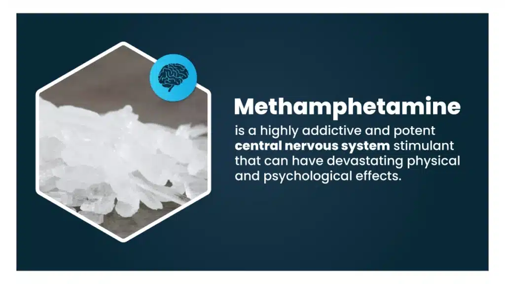 Photo of white crystalline substance with a graphic of a brain. Methamphetamine can have devastating physical and psychological effects.