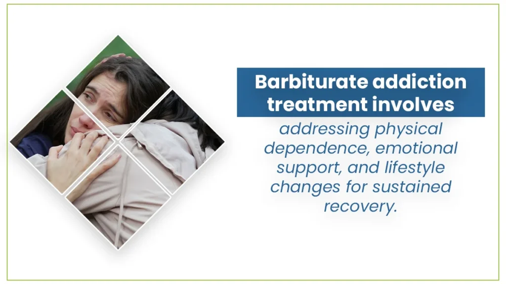 Two women hugging. Text to right explains barbiturate addiction treatment involves a multifaceted approach, treating the body and mind.
