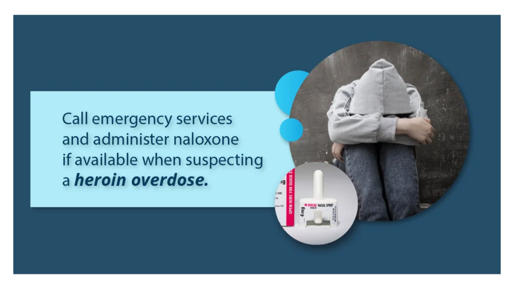 Person sitting on the ground wearing a gray hoodie. Blue text encourages you to call emergency services if you witness a heroin overdose.