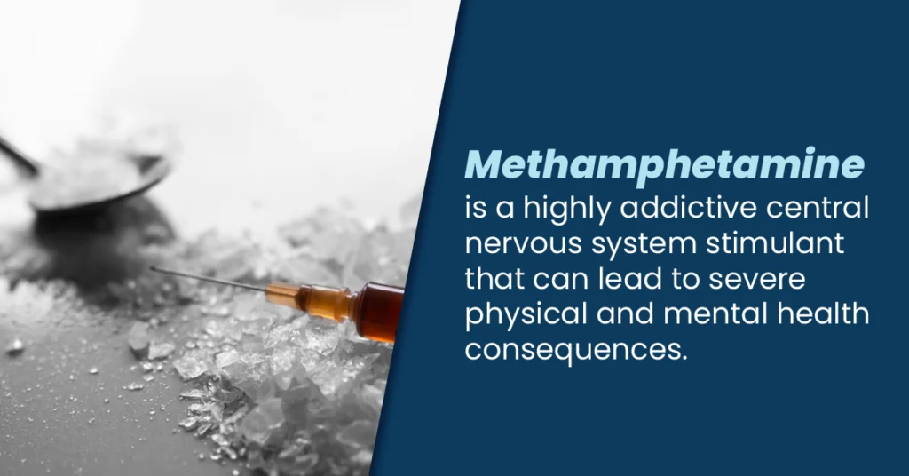 Syringe with red liquid inside on top of a white, crystalline substance. Text to right defines methamphetamine.
