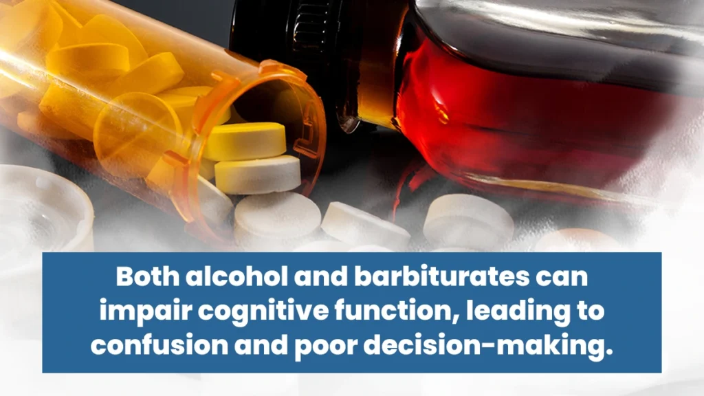 Closeup of a pill bottle with pills spilling out next to a bottle of alcohol. Text explains alcohol and barbiturates can impair cognition.