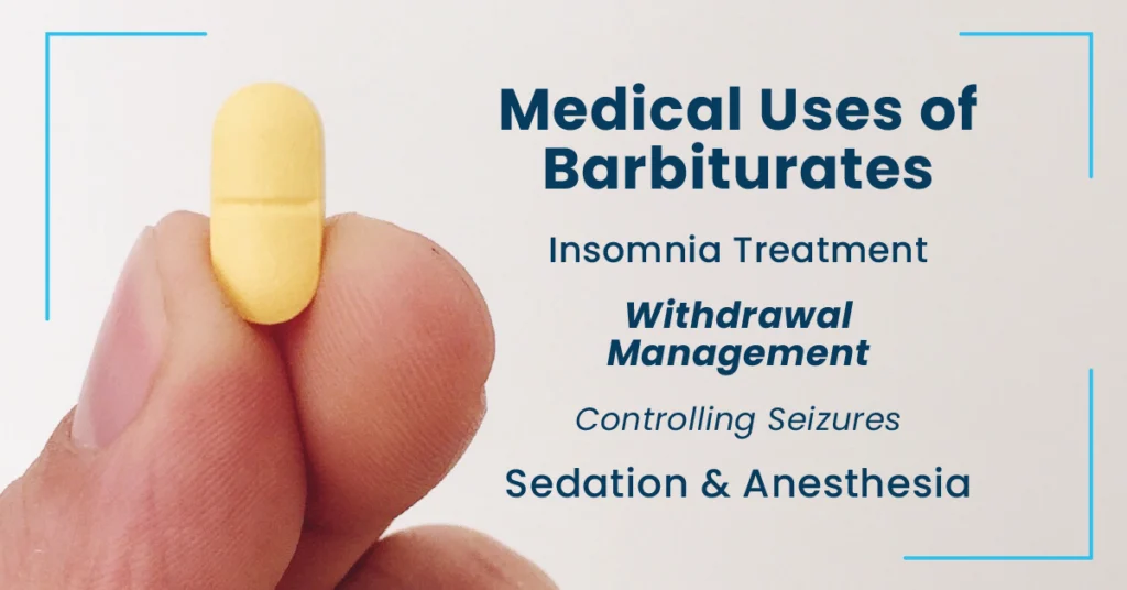 Closeup of fingers holding a yellow pill. Blue text on a white background explains the medical uses of prescription barbiturates.