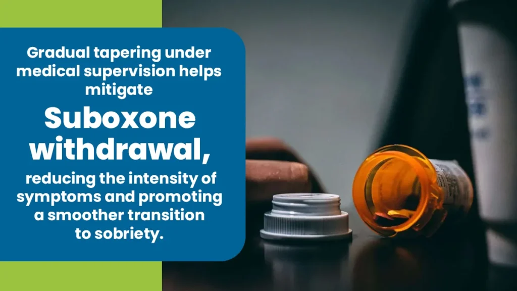 An open pill bottle on a table. Text to left explains gradual tapering helps reduce suboxone withdrawal symptoms. 
