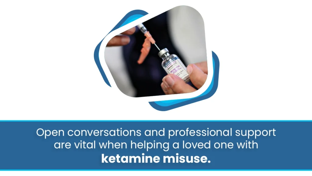 A doctor inserting a syringe into a vial. White text: Open conversations are vital to help a loved one who is abusing ketamine.