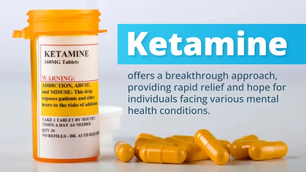 Orange prescription bottle labeled “Ketamine” and orange pills on a table. Text: Ketamine offers a breakthrough approach to mental health.
