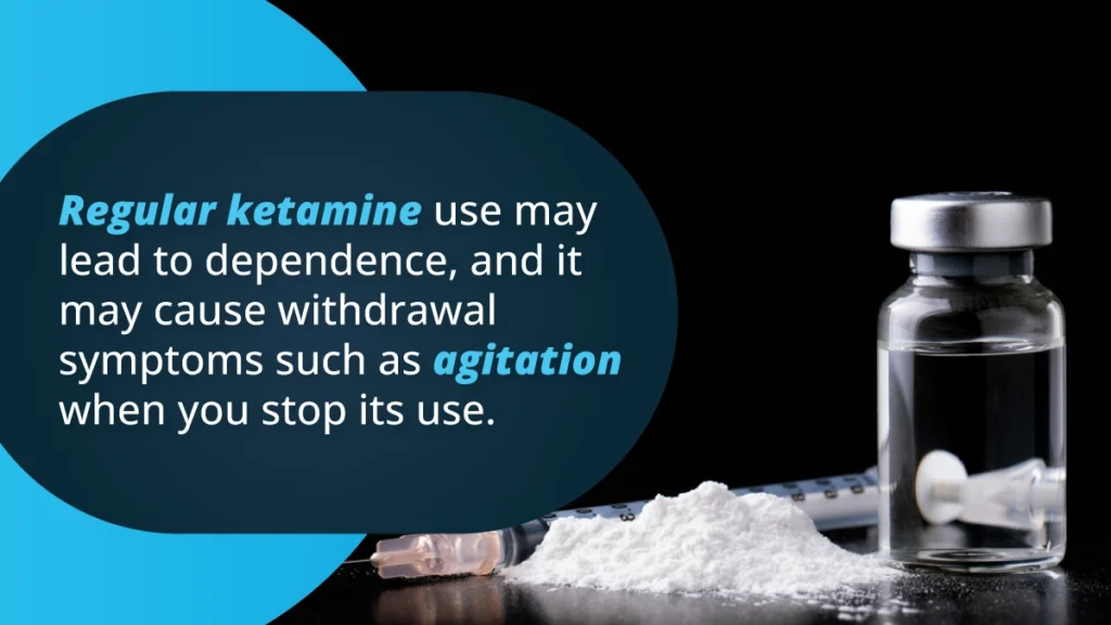 Clear medical vial and white powder. Text: Regular ketamine use may cause withdrawal symptoms such as agitation when you stop its use.