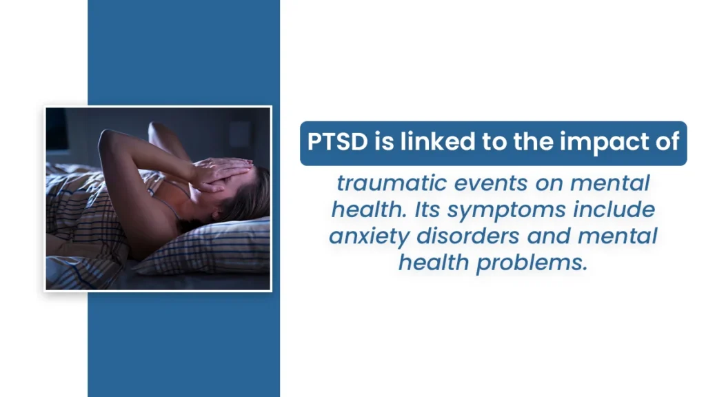 Woman in bed awake at night and covering her face with her hands. PTSD is linked to the impact of traumatic events on mental health.