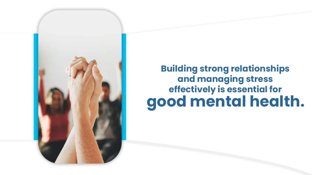 Adults holding hands together in the air. Building strong relationships and managing stress effectively is essential for good mental health.
