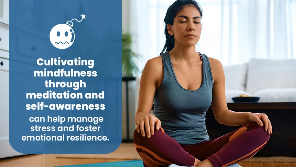 Woman meditating on her bed. Cultivating mindfulness through meditation and self-awareness can help manage stress.