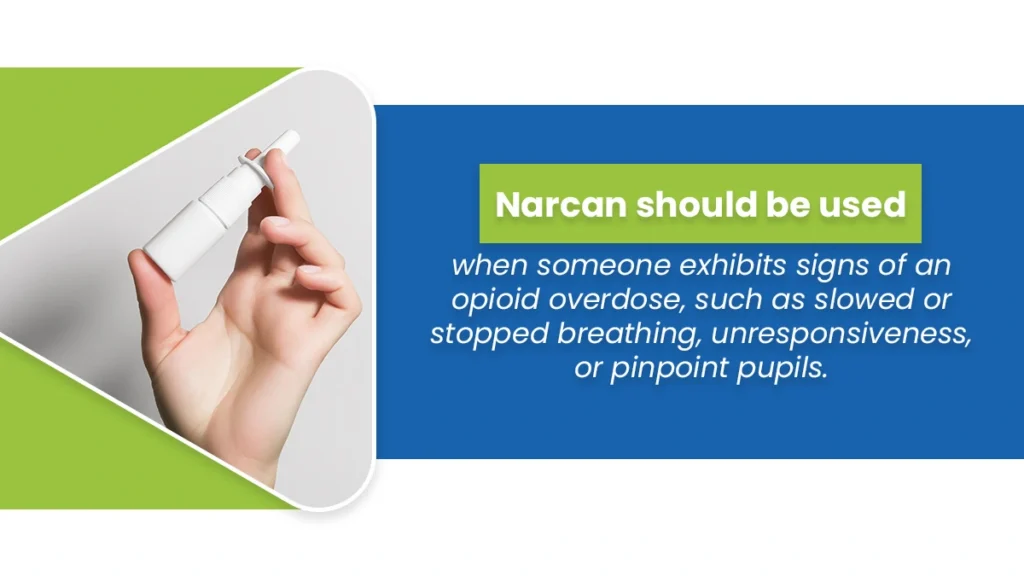 Closeup image of a Narcan Nasal Spray applicator. Naloxone should be used at the first sign of an opioid overdose.