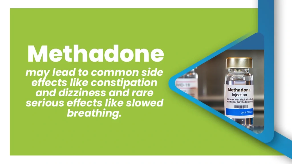 White text on a green background explaining the side effects of methadone. Photo of a bottle of methadone and a graduated cylinder