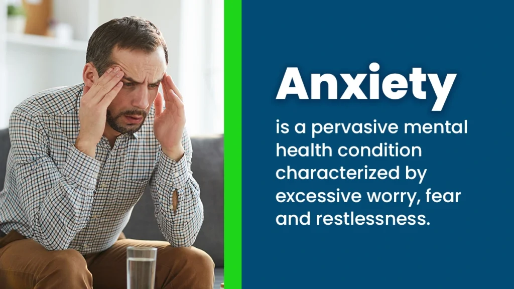 A distressed man clutching head. Anxiety is a pervasive mental health condition characterized by excessive worry, fear, and restlessness.