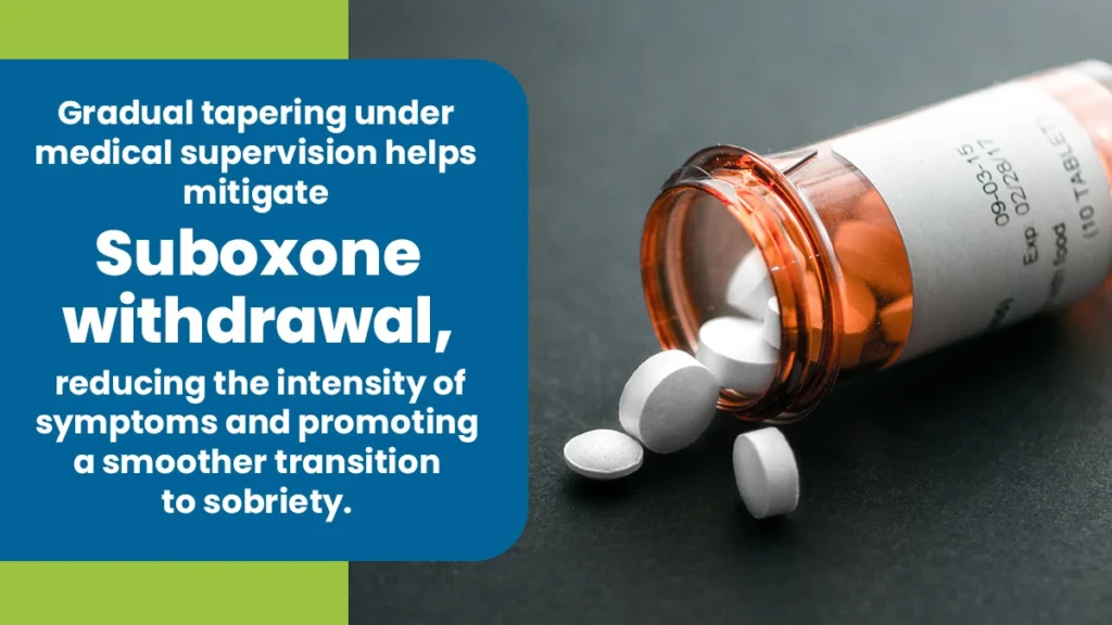 An open pill bottle on a table. Text to left explains gradual tapering helps reduce suboxone withdrawal symptoms.