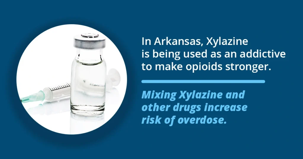 A close-up image of a syringe and a vial containing a clear solution. The image includes text that states, 'In Arkansas, Xylazine is being used as an additive to make opioids stronger. Mixing Xylazine and other drugs increases the risk of overdose