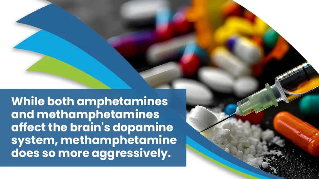 Illustration comparing amphetamine and methamphetamine: amphetamine for ADHD treatment vs. methamphetamine's illicit use and risks.
