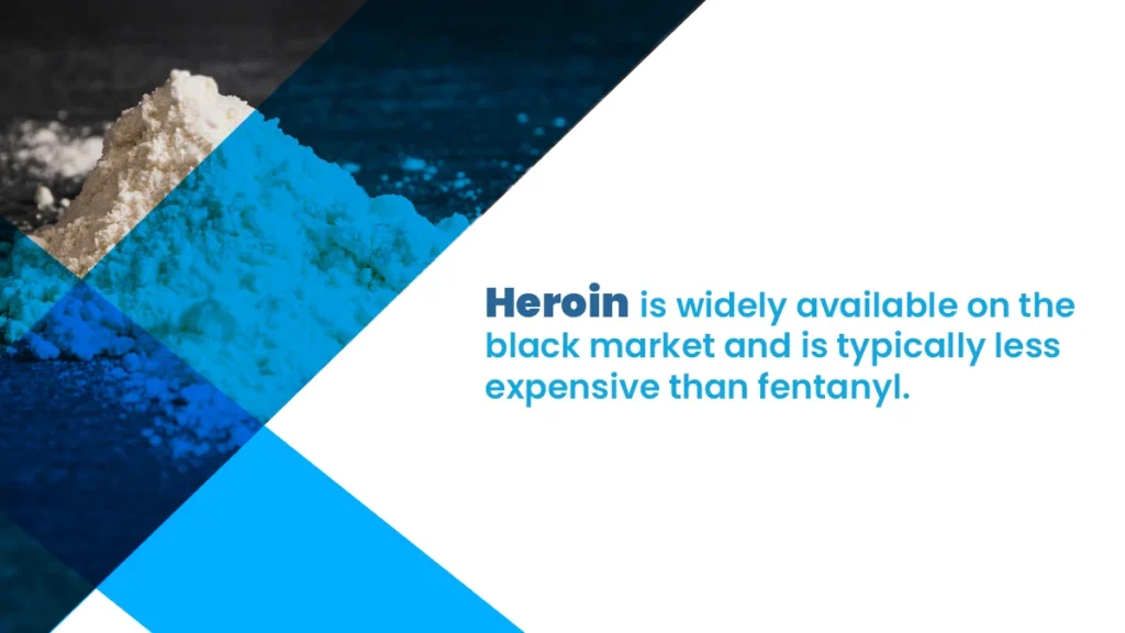 Graphic comparing heroin and fentanyl, showing potency, usage methods, and risks.
